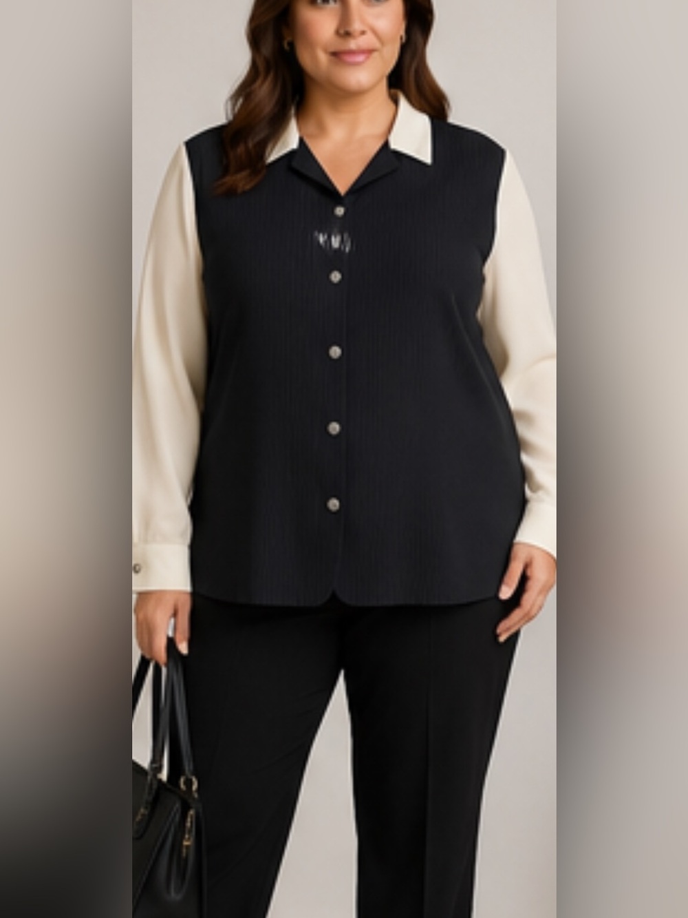 Alfred Dunner Women’s 16W Black Pinstripe Colorblock Button Front Blouse USA